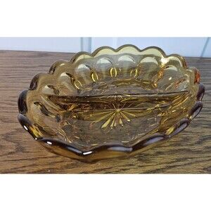 Vintage Amber Glass Oval Divided Relish Candy Treat Nut Dish Bowl